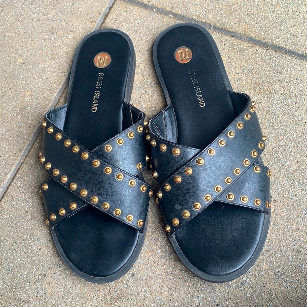 Faux leather with gold stud details slides